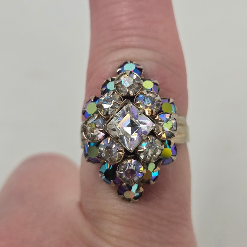Vintage Aurora Borealis Crystal Cocktail Ring Adjustable Silver Tone Pat Pend